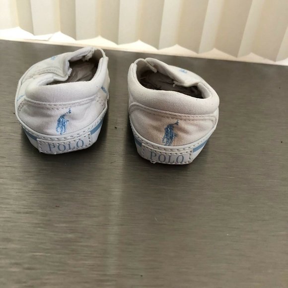 Ralph Lauren Baby Boy Canvas Shoes Slip On White Light Blue Logo Size 2 - Picture 8 of 11